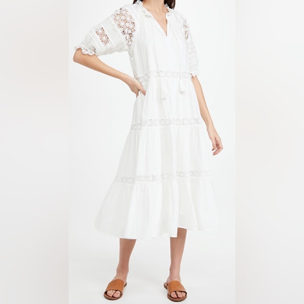 NWT En Saison Tiered Lace Detail Midi Dress White Size Medium 100% Cotton - Picture 2 of 10